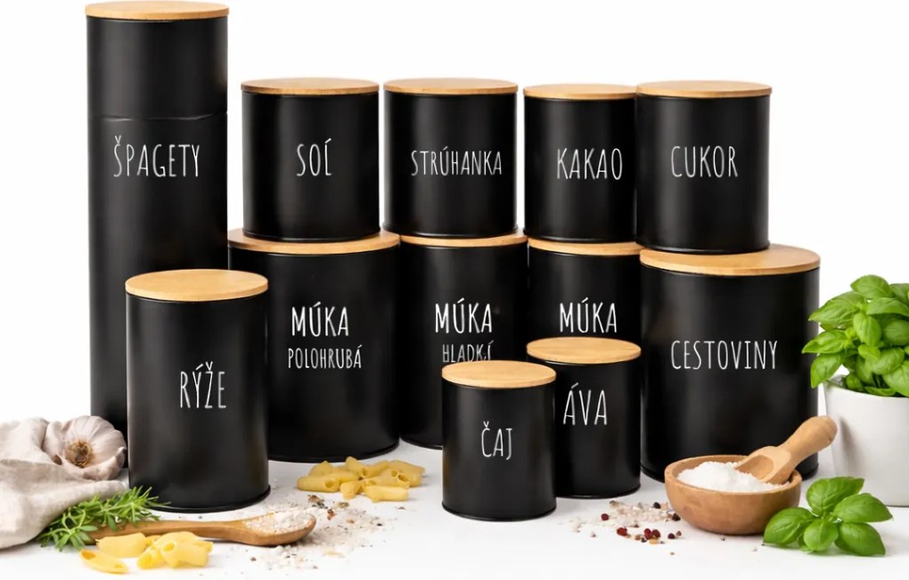 Orion Sada 12ks plechových dóz na potraviny, čierne, slovenské názvy, s bambusovým vekom SADA SK