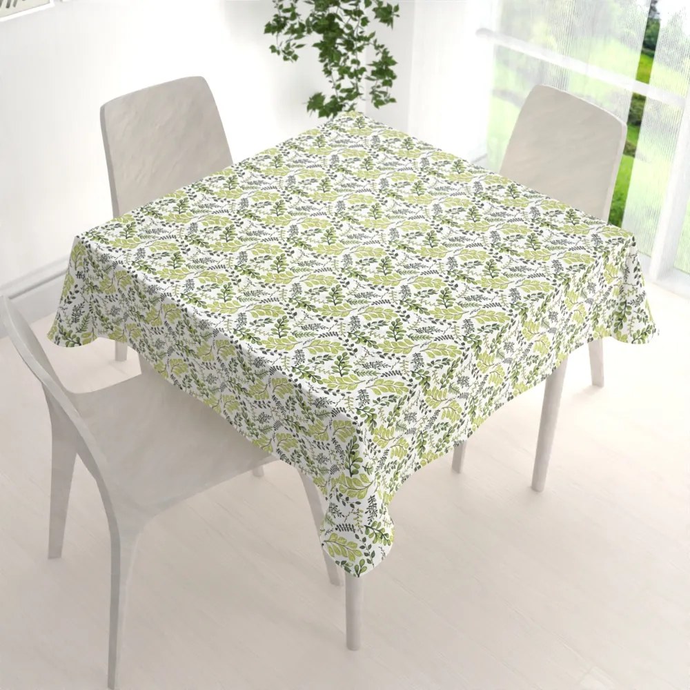 Biante Bavlnený štvorcový obrus Sandra SA-426 Zelené vetvičky s lístkami na bielom 130x130 cm