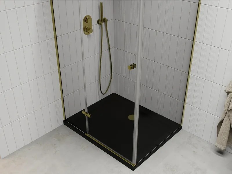 Mexen Roma, sprchovací kút s 1-krídlovými dverami 100 (dvere) x 80 (stena) cm, 6mm číre sklo, zlatý profil, slim sprchová vanička 5cm čierna, 854-100-080-50-00-4070G