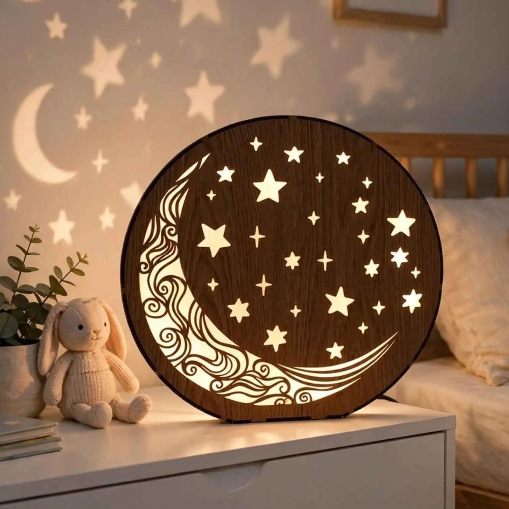 Drevená stolová lampa Mesiac a hviezdy | AURA: HDF - Orech 20 cm 4794-115288 LED0612