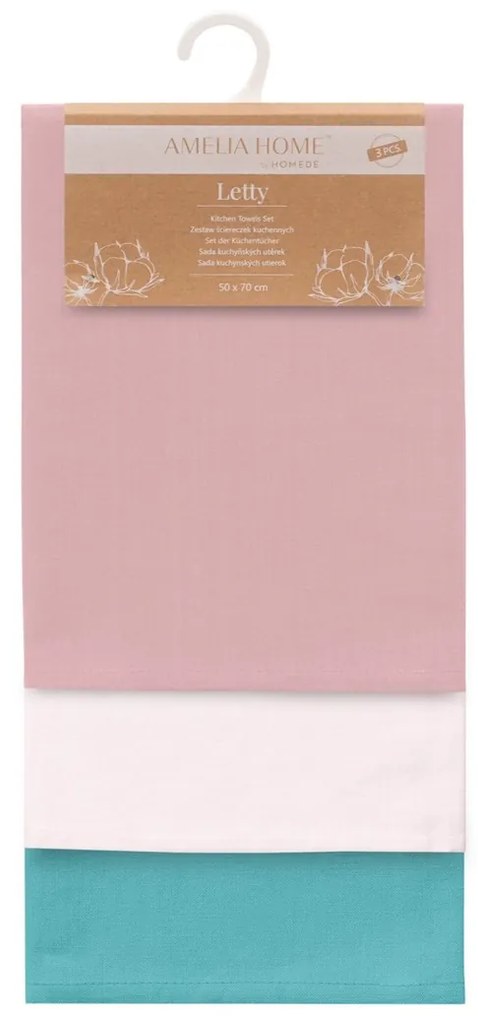 Súprava kuchynských uterákov Letty Plain - 3 ks ružová/tyrkysová