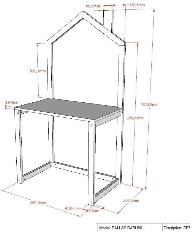 Detský písací stôl z borovicového dreva 50x80,5 cm DALLAS – Vipack