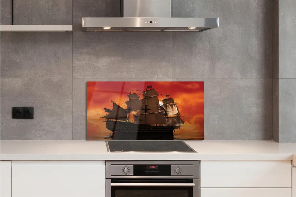 Sklenený obklad do kuchyne Loď mora oranžová obloha 125x50 cm