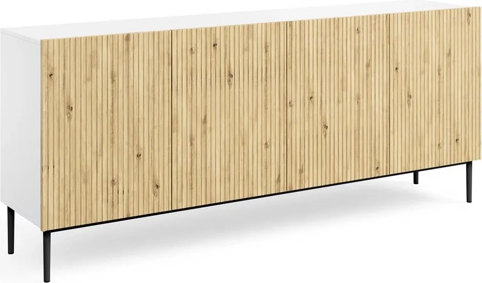 Biela komoda Nicole 200 cm so štyrmi dverami - biely / dub artisan / čierne nohy