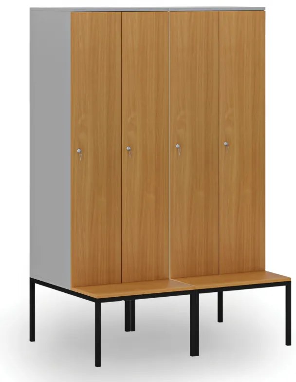 Drevená šatníková skrinka S4 s lavičkou, 2 oddiely, 1871 x 600 x 500/800 mm, demont, cylindrický zámok, sivá/breza