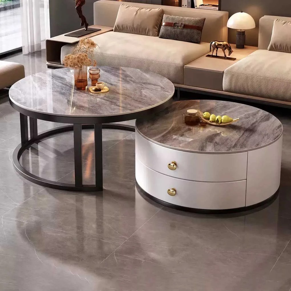 LuxuryForm DESIGN Konferenčný stolík ORION 70 × 70 / 50 × 50 cm – biely / sivý mramor (set 2 ks)