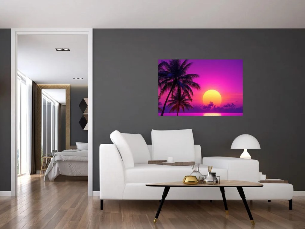 Obraz - Fialový západ s palmou (90x60 cm)