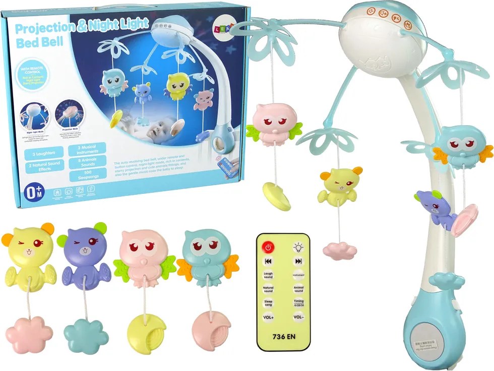 LEAN Toys Kolotoč na posteľ Projektor Pilot Melódie Zvieracie zvuky Modrá