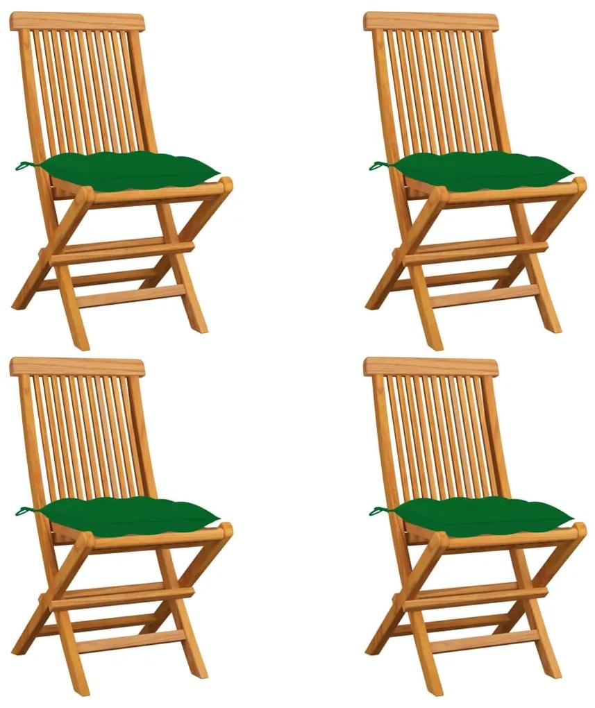 Záhradné stoličky so zelenými podložkami 4 ks tíkový masív
