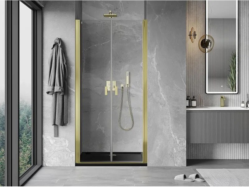 Mexen MIST, 2-krídlové sprchové dvere (d+d) 110x200 cm, 6mm číre sklo, zlatý lesklý profil, 8A7-110-000-50-00