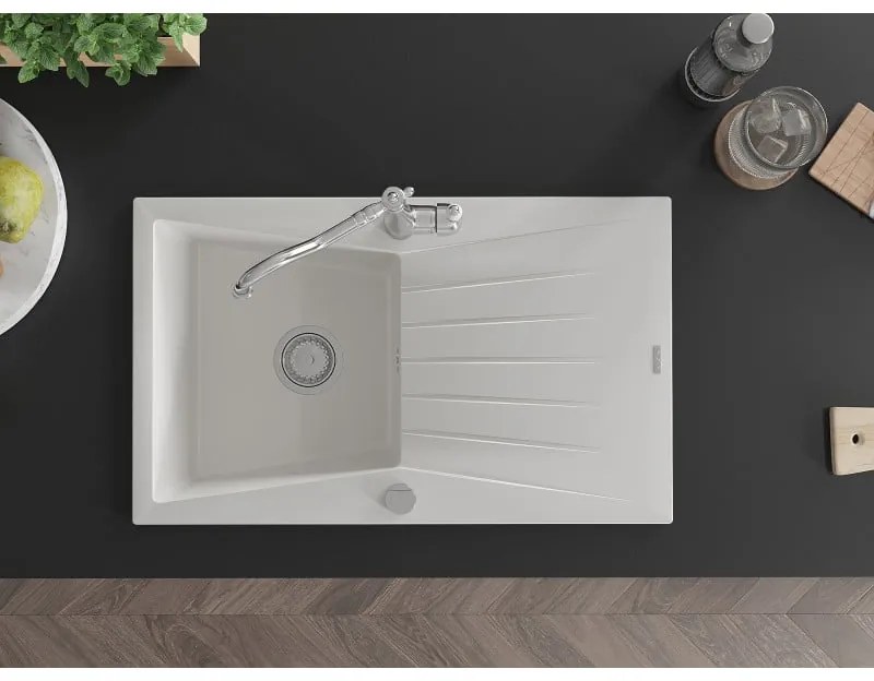 Mexen Cesar, 1-komorový granitový drez 775x470x190 mm a drezová batéria Carla, biela, 6514-20-670700-00