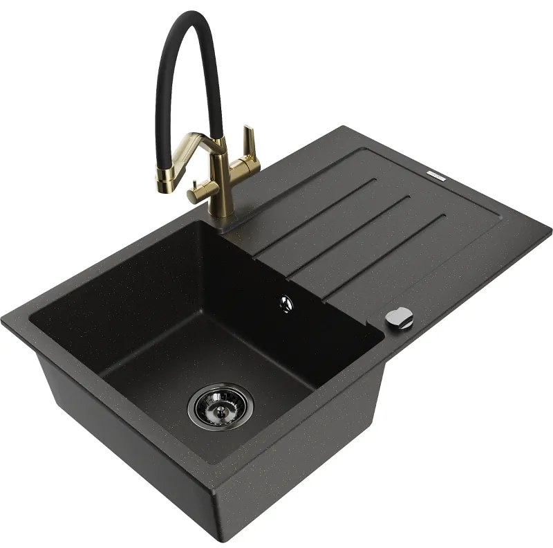 Mexen Bruno, 1-komorový granitový drez 795x495x200 mm a drezová batéria Duo, čierna-zlatá metalíza, 6513-75-671701-57-B
