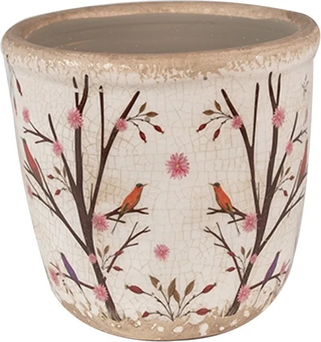 Béžový keramický obal na kvetináč s kvetmi a vtáčikmi Birdie XS - Ø 11*10 cm