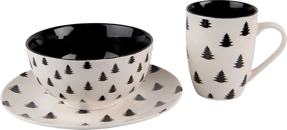 Bielo-čierny porcelánový dezertný tanier so stromčekmi Black&White X-Mas - Ø 20*2 cm