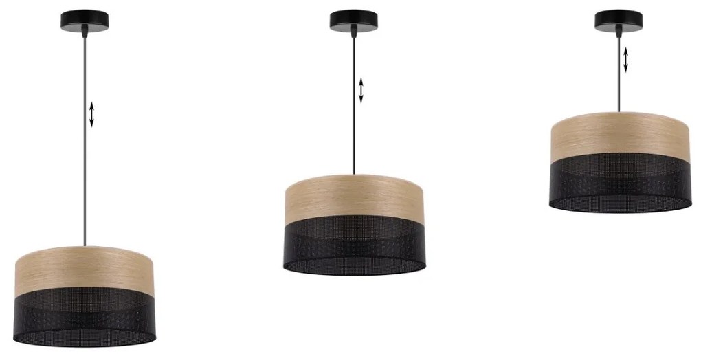 Závesné svietidlo Wood, 1x dýha zlatý dub/čierne PVC tienidlo, (fi 30cm)