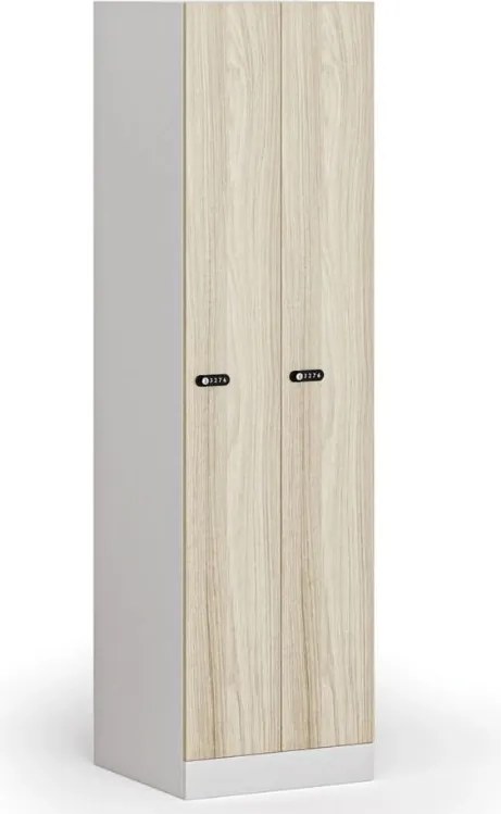 Kovová šatníková skrinka S1 zúžená, 2 oddiely, 1850 x 500 x 500 mm, mechanický kódový zámok, laminované dvere, dub prírodný