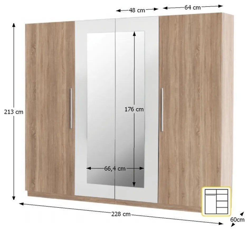 Kondela Štvordverová skriňa, zrkadlová, dub sonoma/biela, MARTINA