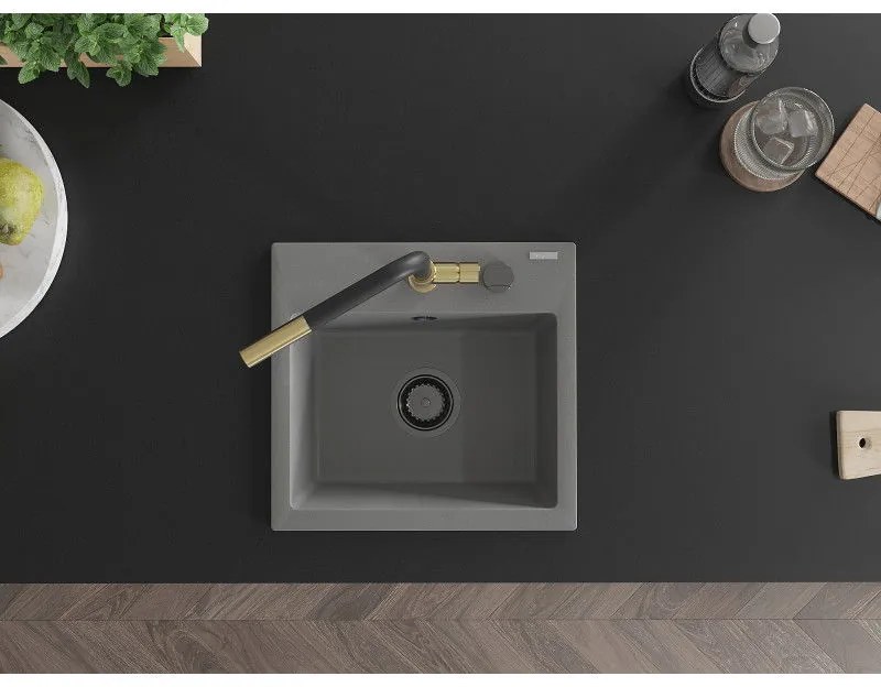 Mexen Milo, 1-komorový granitový drez 435x410x171 mm a drezová batéria Flora, šedá, 6505-71-670401-57-B
