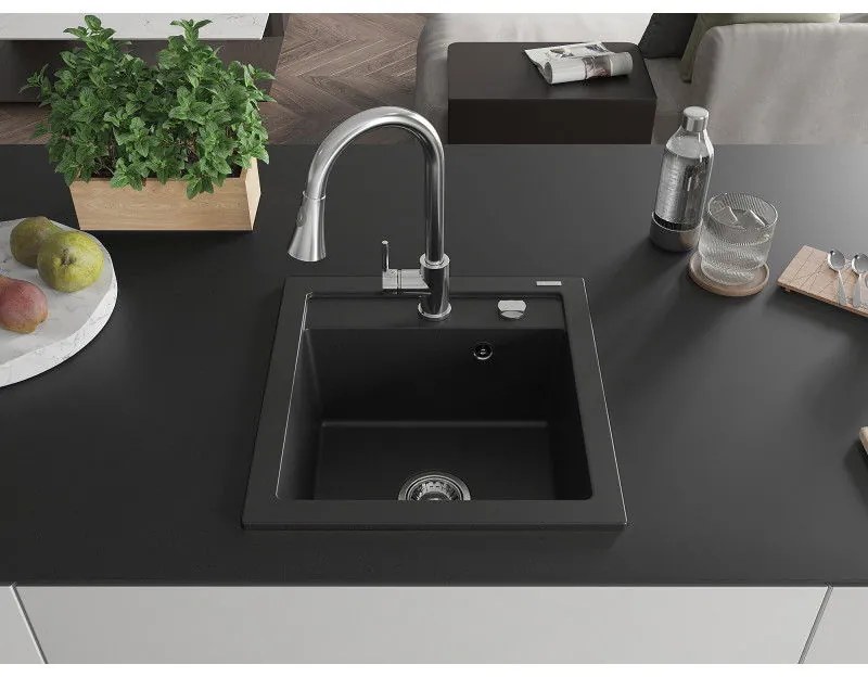 Mexen Vito, 1-komorový granitový drez 490x520x210 mm a drezová batéria Elia, čierna, 6503-77-670101-00