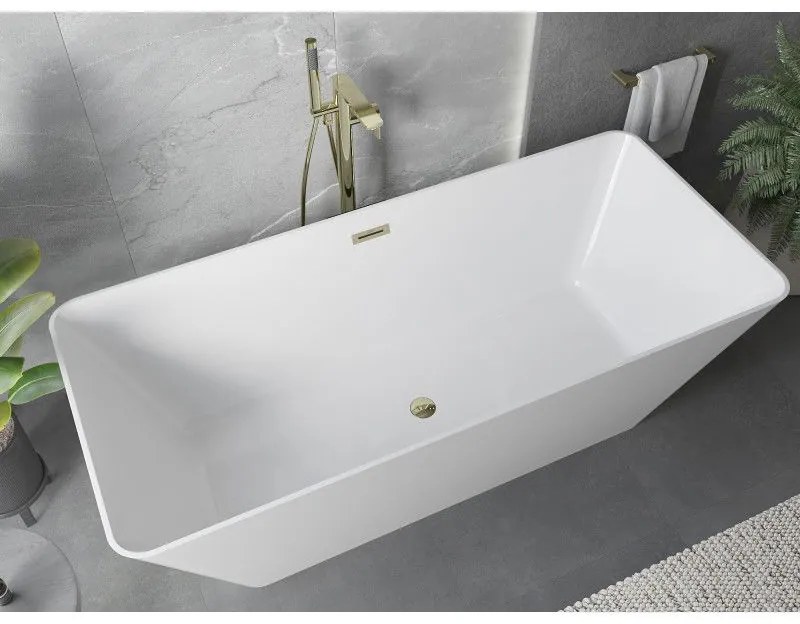 Mexen Velo Slim, voľne stojaca vaňa 170 × 75 cm, biela lesklá, zlatý lesklý prepad, 52811707500-50