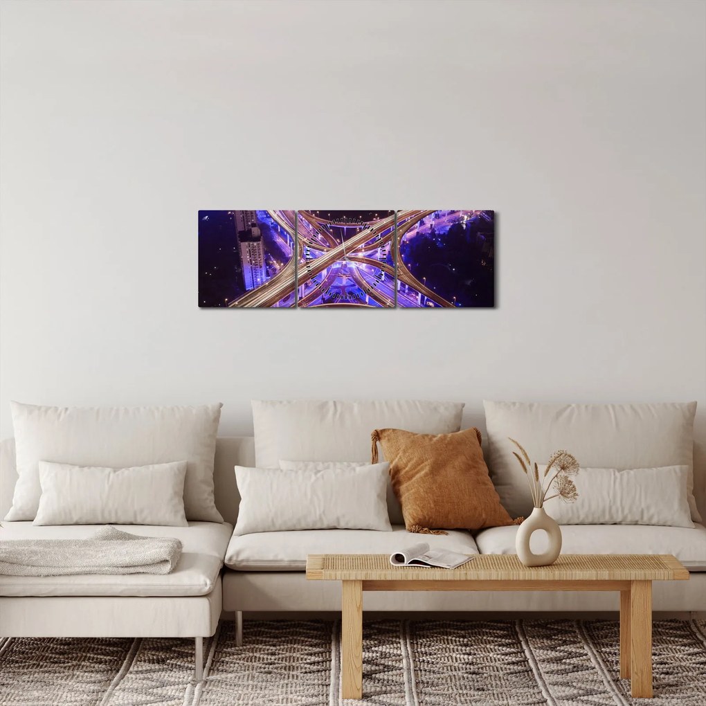 Obraz veľké križovatky v noci (s hodinami) (90x30 cm)