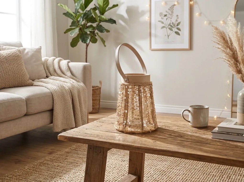 Lucerna s flitrami CONE GLAM 26 cm, prírodná