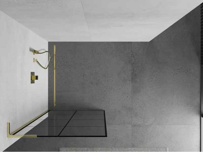 Mexen Kioto L, sprchová zástena Walk-In 90 x 200 cm, 8mm číre sklo čierny vzor, zlatý lesklý profil,800-090-103-50-77