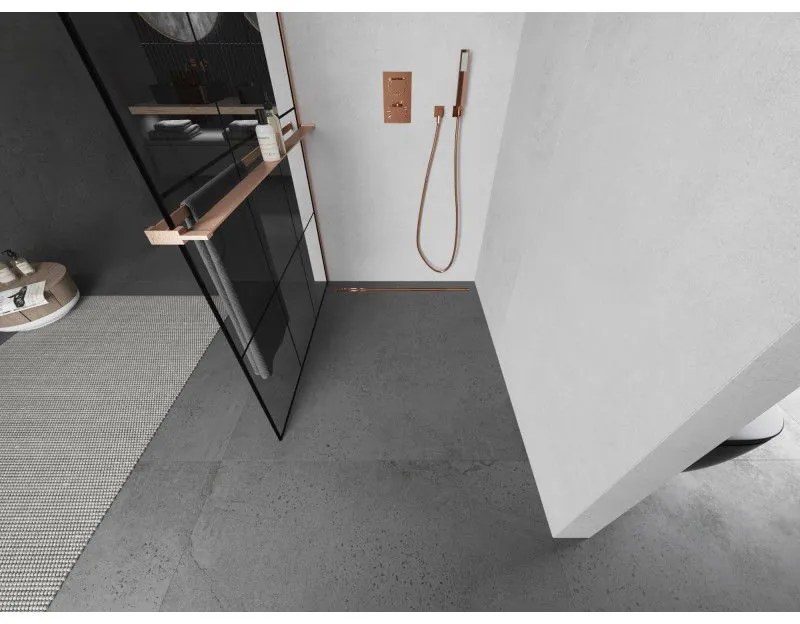 Mexen Kioto+ L, sprchová zástena Walk-In s poličkou a vešiakom 100 x 200 cm, 8mm číre sklo čierny vzor, medený matný profil, 800-100-123-65-77