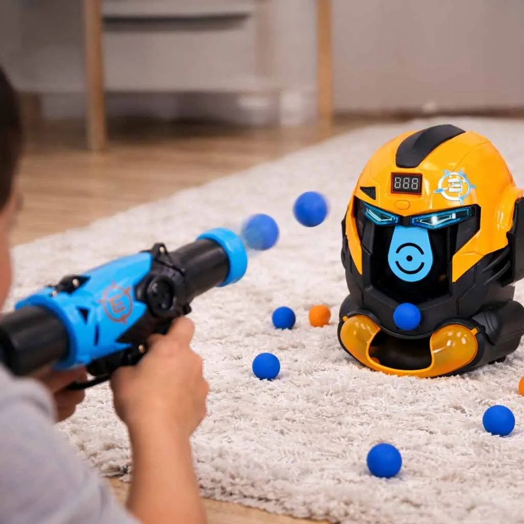 Zručnostná hra KIK Robot v helme – streľba na terč s pištoľou a 12 penovými guľôčkami, LCD displej