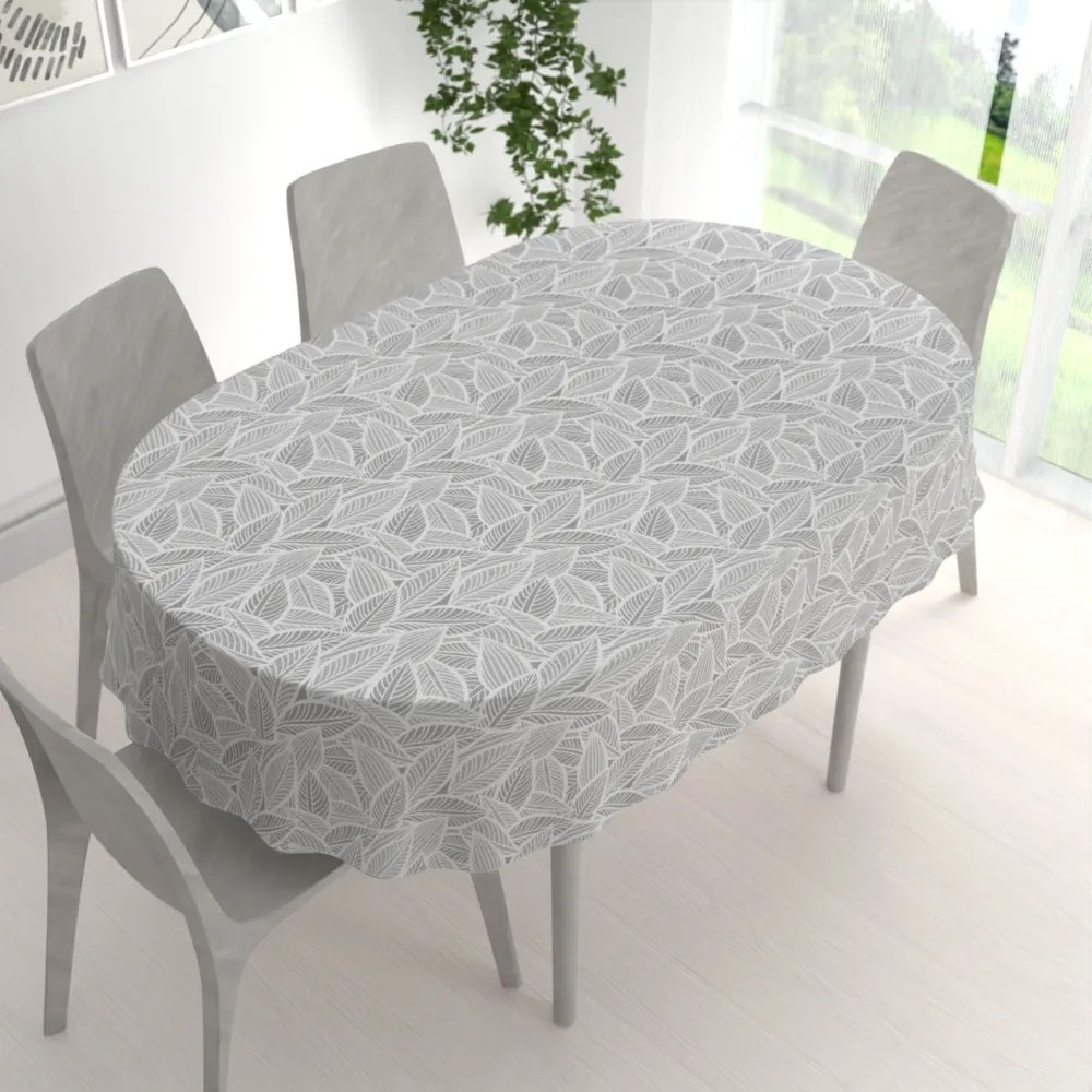 Biante Veľký dekoračný oválny obrus Leona LN-169 Biele listy na sivom 200x240 cm