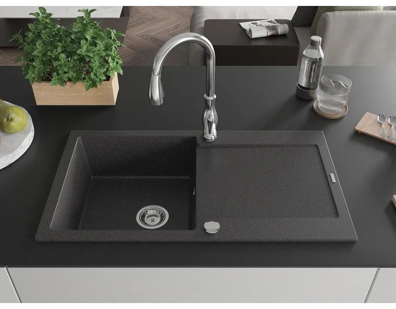 Mexen Leo, 1-komorový granitový drez 900x500x190 mm a drezová batéria Savita, čierna škvrtnitá, 6501-76-672601-00