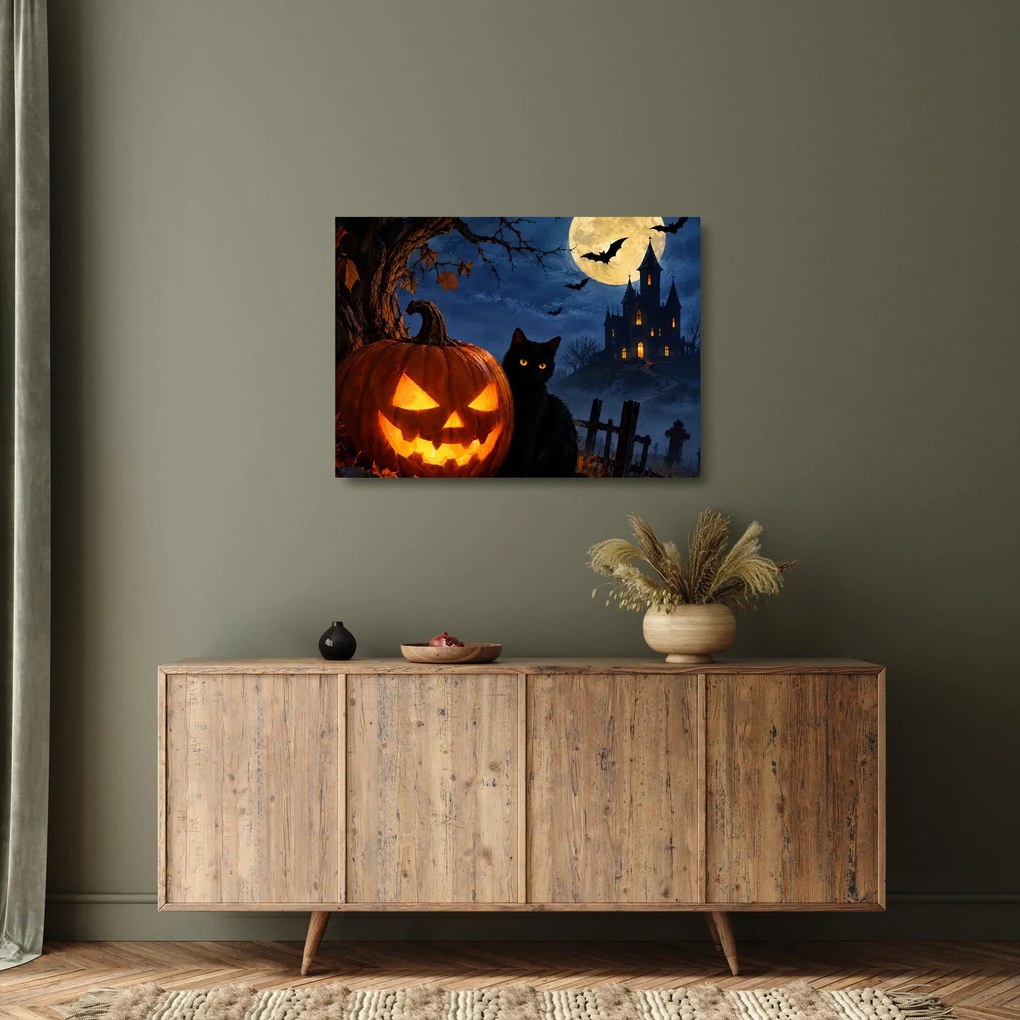Sklenený obraz - Čierna mačka pri svietiacej tekvici na Halloween (70x50 cm)