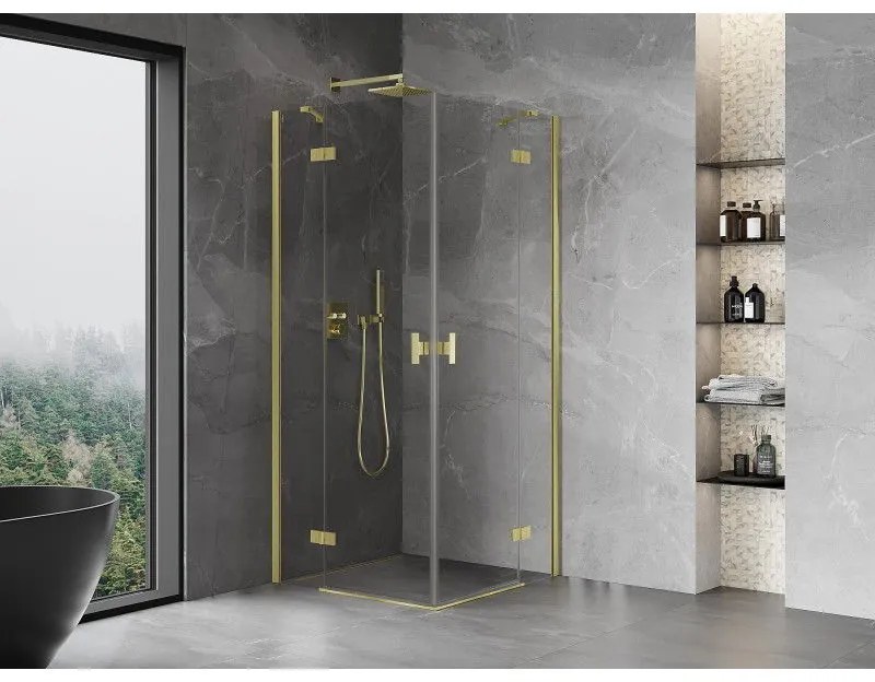 Mexen Mist-H Duo, 2-krídlový výklopný sprchový kút 80 x 80 cm, číre sklo, zlatý matný profil, 8A5-080L-080P-55-00