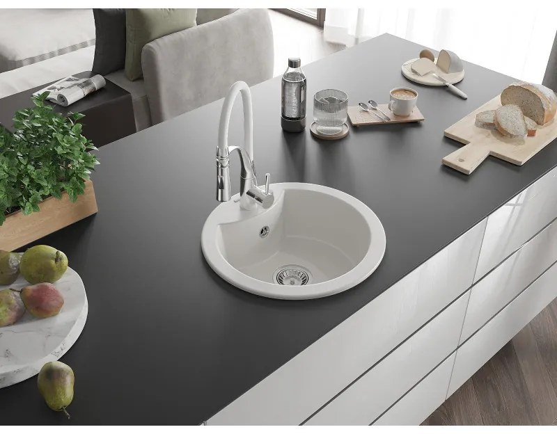 Mexen Diego, 1-komorový granitový drez 488x488x167 mm a drezová batéria Aster, biela, 6512-20-73450-02