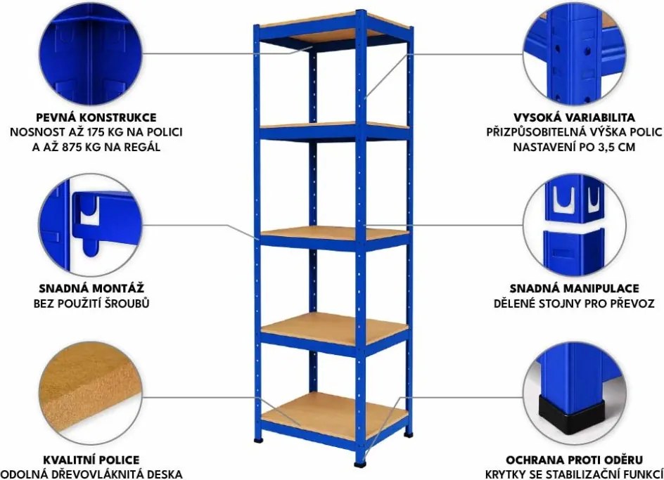 Regál 180x40x40 cm lakovaný 5-policový, nosnosť 875 kg - modrý