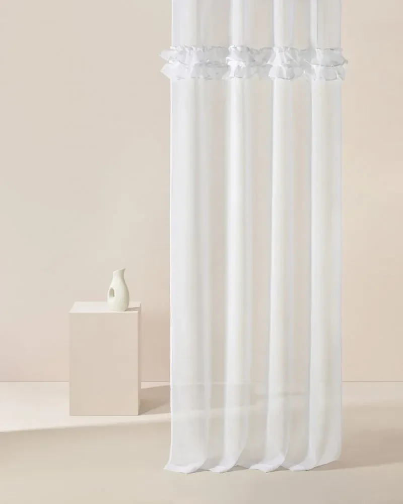 Biela záclona FRILLA s volánmi na stieborné priechodky 300 x 250 cm