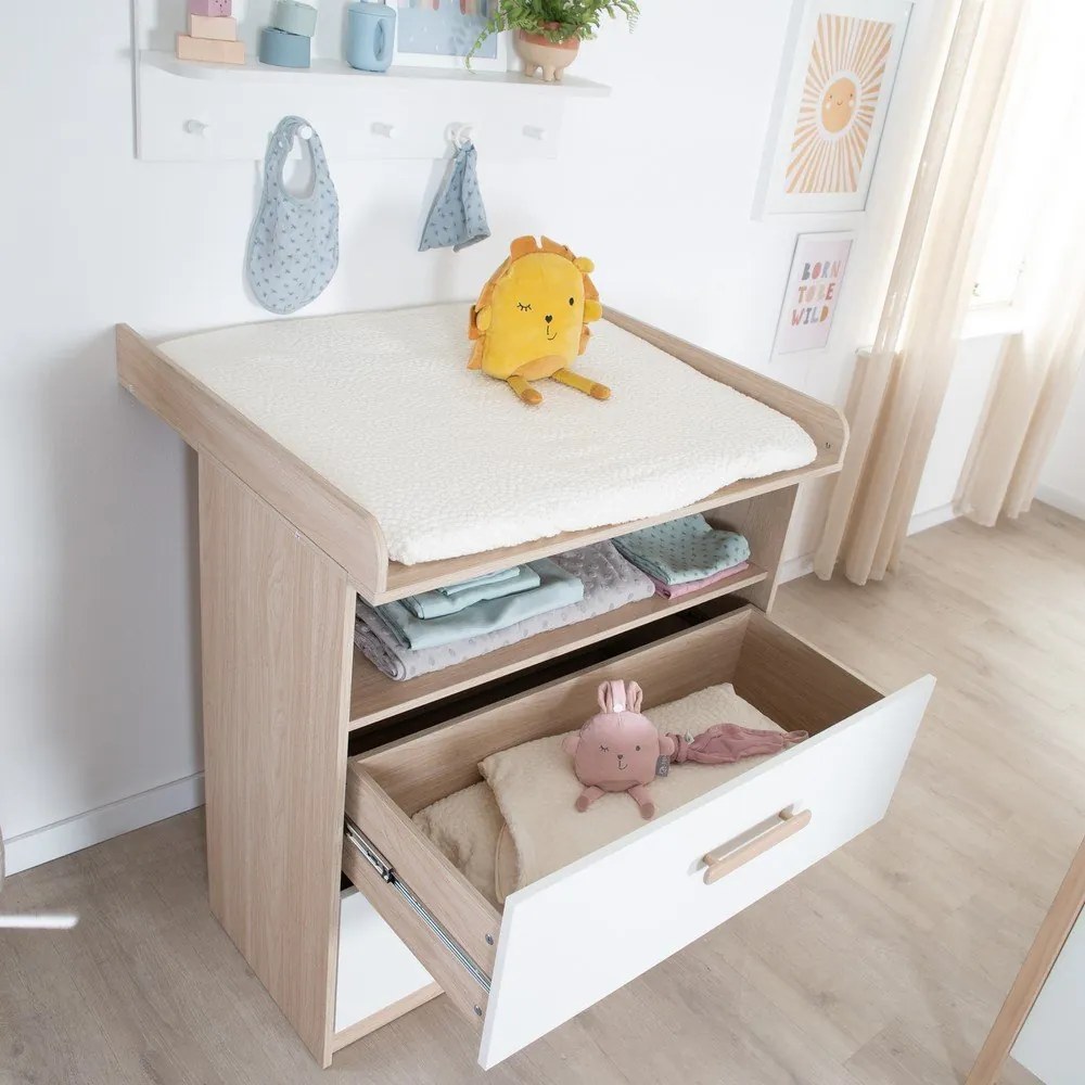 Biela/v prírodnej farbe detská komoda v dekore duba s prebaľovacím pultom 88x98x75 cm Cabane – Roba