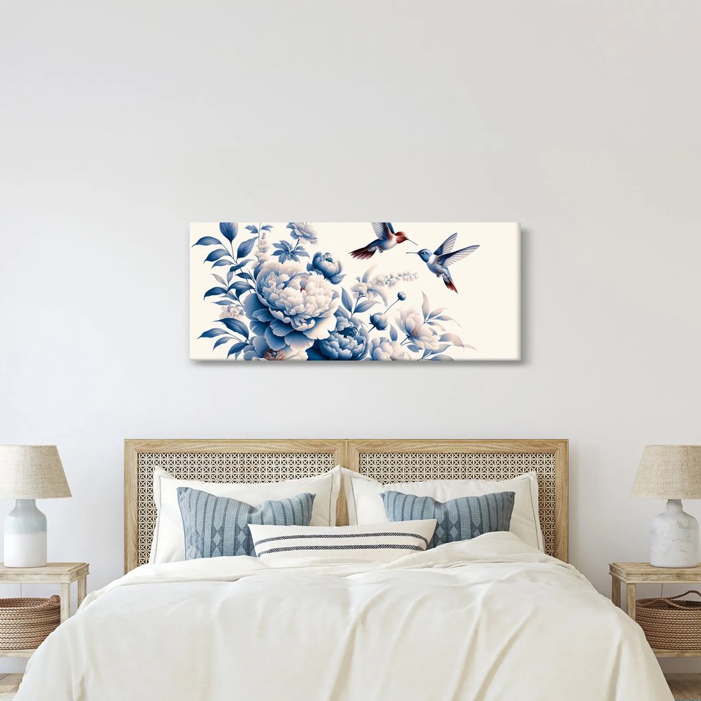 Obraz - Kolibríky nad kvetinou (120x50 cm)