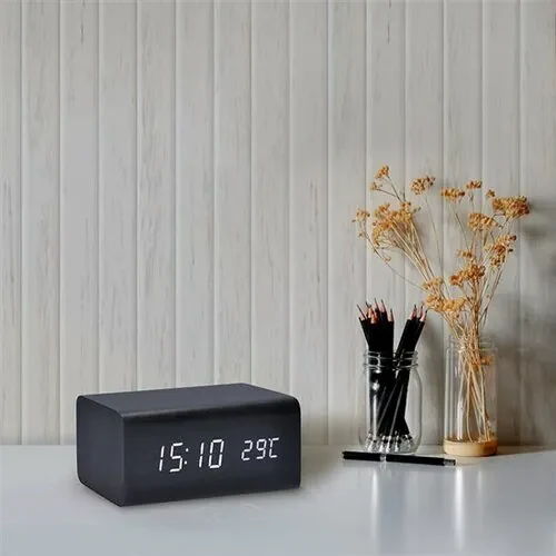 Hodiny s budíkom - biele LED podsvietenie / čierne drevo Solight CA01B