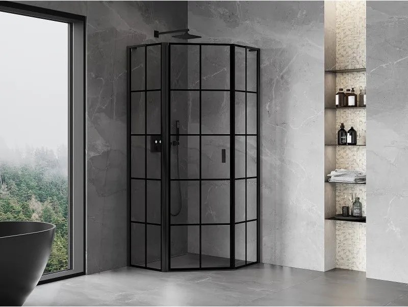 Mexen Mist L, päťuholníkový sprchový kút s krídlovými dverami, 90 x 90 cm, 8mm číre sklo, čierny profil, 8A8L-090-090-70-77-L