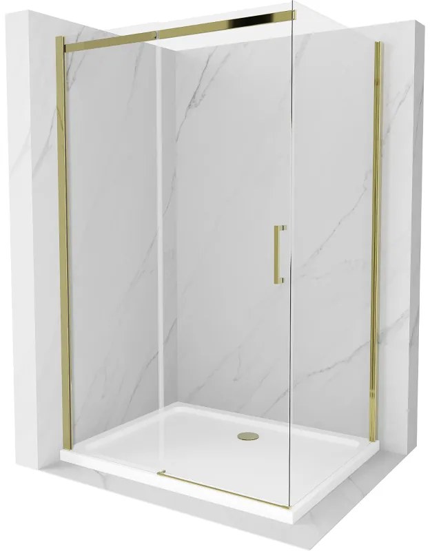 Mexen Omega, sprchovací kút s posuvnými dverami 110 (dvere) x 90 (stena) cm, 8mm číre sklo, zlatý profil + slim sprchová vanička 5cm, 825-110-090-50-00-4010