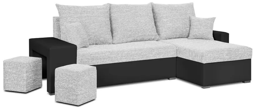 MEGA AKCE Rozkládací rohová sedací souprava HUBI + 2 Taburety Bílá/Černá