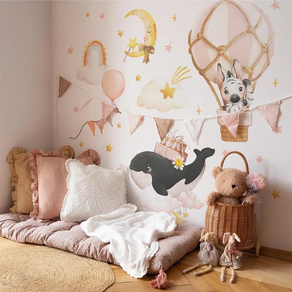 Gario Detská nálepka na stenu Tiny world - zebra v balóne a veľryba