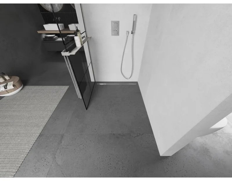 Mexen Kioto+, sprchová zástena Walk-In s poličkou a vešiakom 90 x 200 cm, 8mm číre sklo čierny vzor, brúsená oceľ profil, 800-090-121-97-77