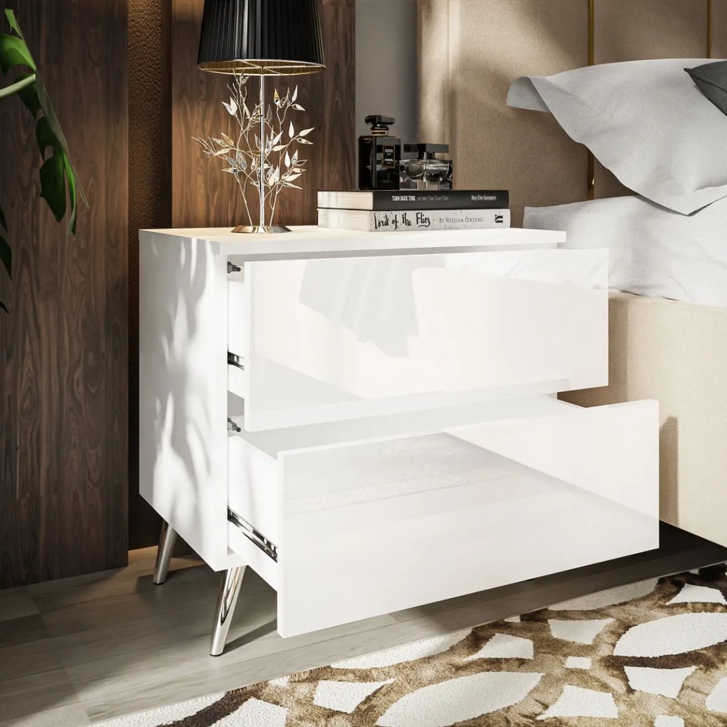 NOČNÝ STOLÍK SANTINO BIELY LESK + CHRÓMOVÉ NOŽIČKY + LED