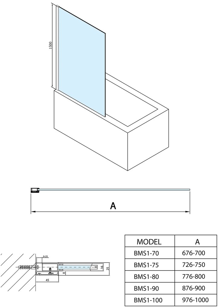 Polysan Polysan, MODULAR SHOWER vaňová zástena 900x1500mm, číre sklo, BMS1-90