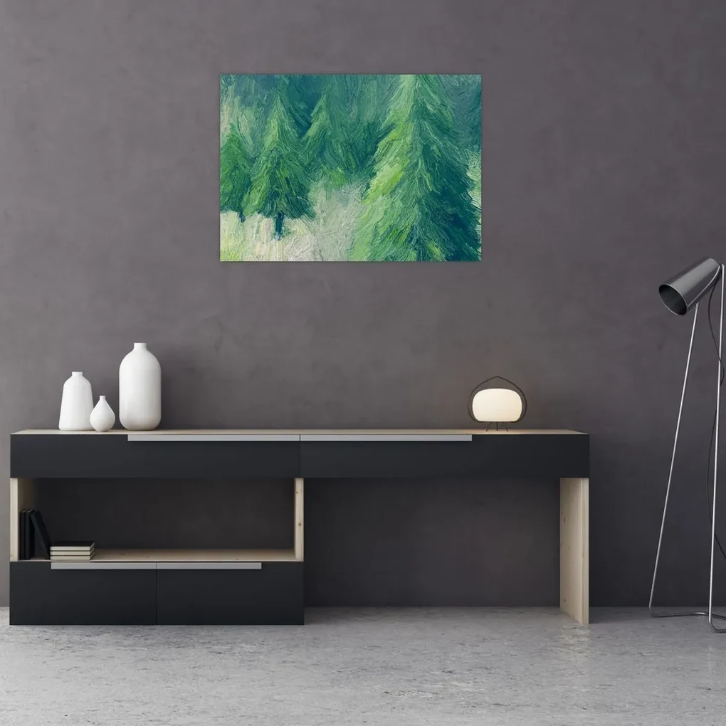 Sklenený obraz - Maľované ihličnany (70x50 cm)