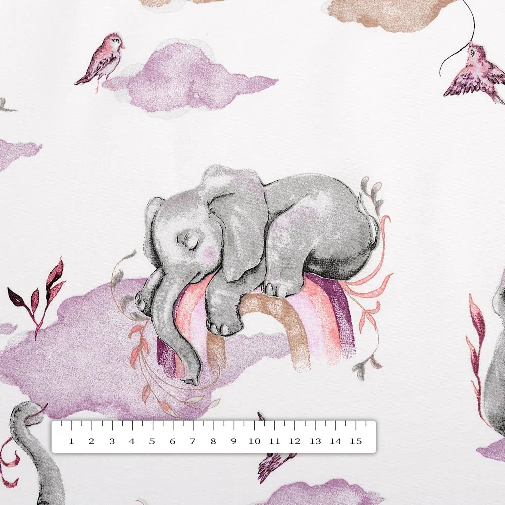 Biante Detský bavlnený behúň na stôl Sandra SA-464 Slony s fialovou dúhou na bielom 35x160 cm