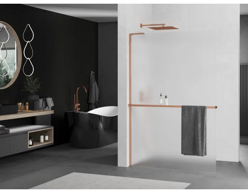 Mexen Kioto+ L, sprchová zástena Walk-In s poličkou a vešiakom 90 x 200 cm, 8mm sklo námraza, ružové zlato profil, 800-090-123-60-30