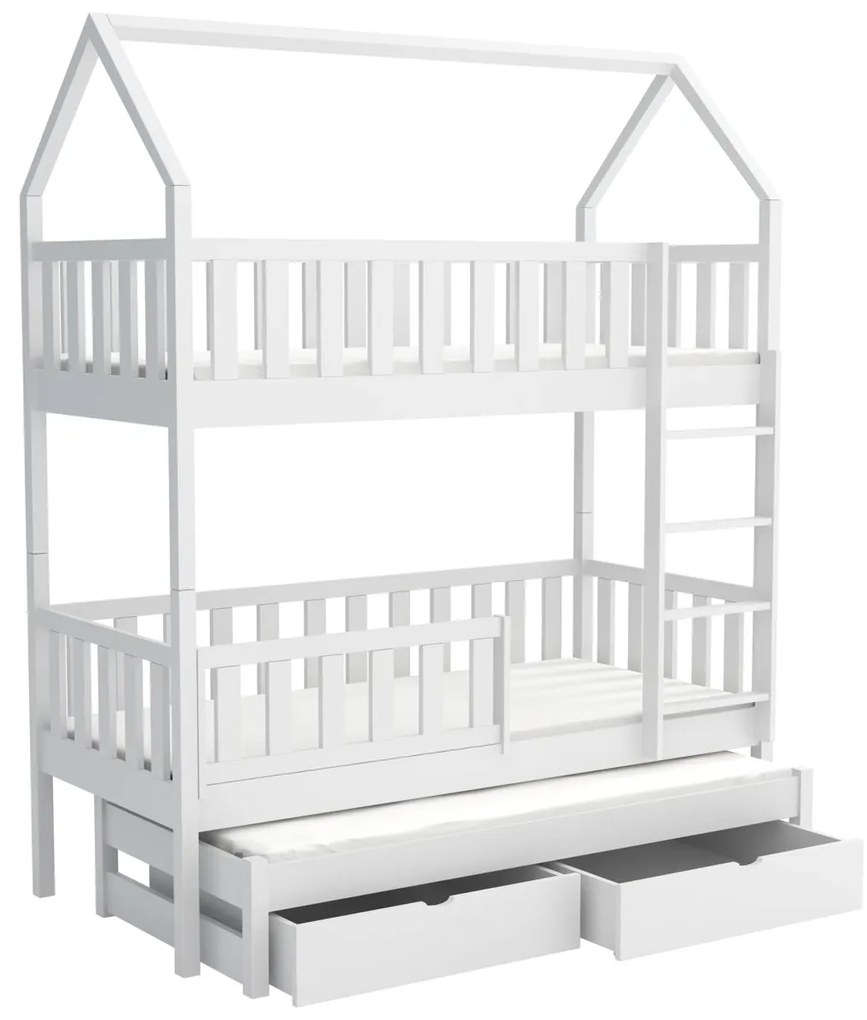 Detská domčeková poschodová posteľ z masívu borovice OTA s prístelkou a šuplíky - 200x90 cm - BIELA